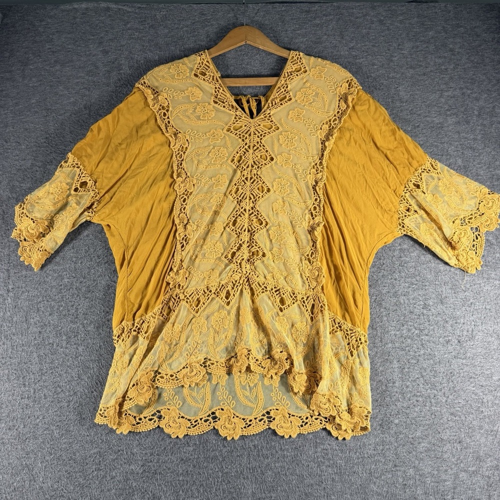 XCVI Women's Crochet Floral Top Size L Mustard Fall Festival Boho Deep V Back